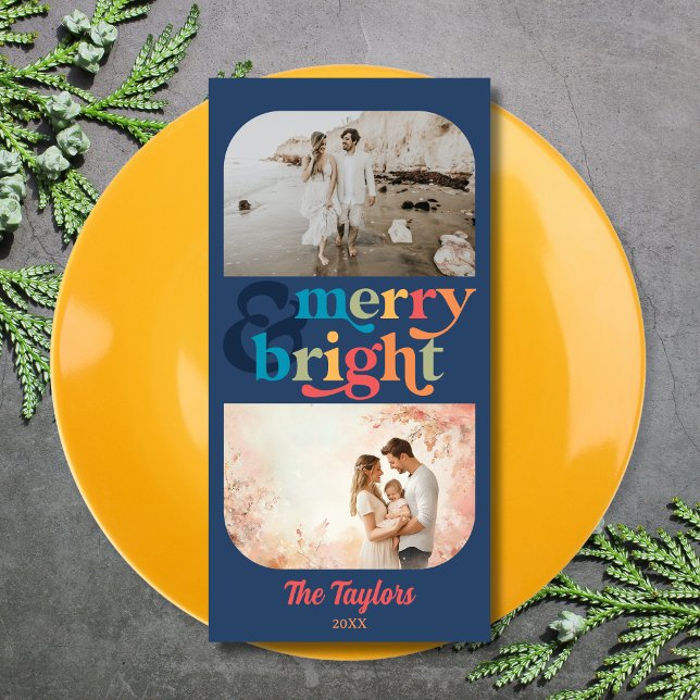 Färgglada Retro Glad och Ljusstark Jul 2 Bilder Julkort (Skapare uppladdad)