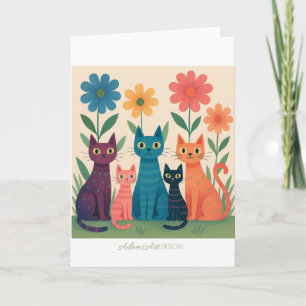 Färgglada Retro Katter i Blomsterträdgård – Whimsi Kort
