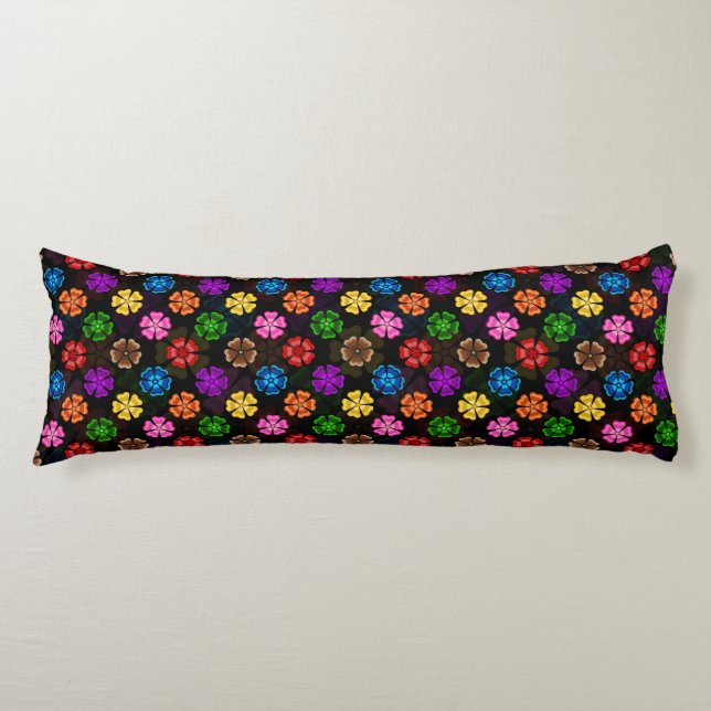 Färgglada Retro Regnbågsblommor Design Svart  Kroppskudde (Framsidan)