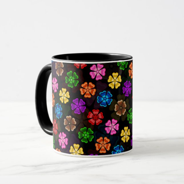 Färgglada Retro Regnbågsblommor Design Svart  Mugg (Framsida vänster)