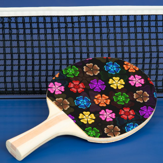 Färgglada Retro Regnbågsblommor Design Svart  Pingisracket (Insitu)