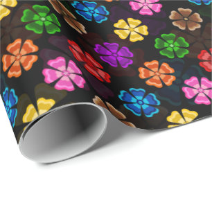 Färgglada Retro Regnbågsblommor Design Svart Presentpapper