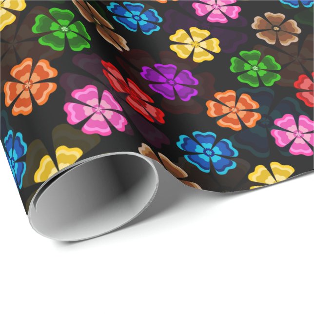 Färgglada Retro Regnbågsblommor Design Svart  Presentpapper (Rullad Hörn)