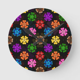 Färgglada Retro Regnbågsblommor Design Svart  Rund Klocka