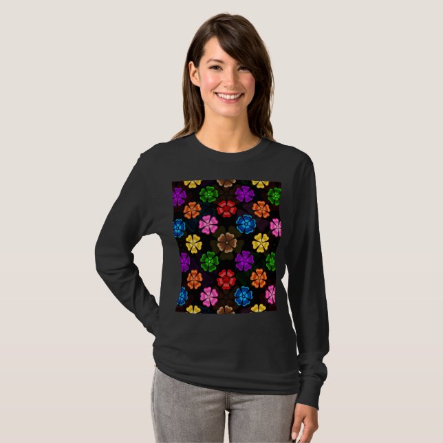 Färgglada Retro Regnbågsblommor Design Svart  T Shirt (Hel framsida)