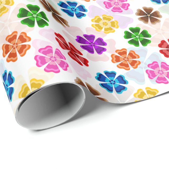 Färgglada Retro Regnbågsblommor Design Vit  Presentpapper (Rullad Hörn)