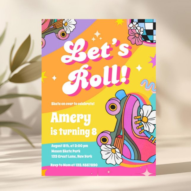 Färgglada Retro Rullskridsko Födelsedag Inbjudningar (roller skate birthday invite, retro birthday invitation, skate party invite, lets roll invitation, d)