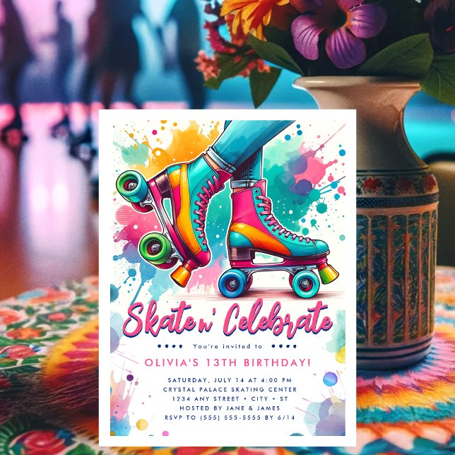 Färgglada Retro Rullskridsko Födelsedagsfirande Vykort (Colorful Retro Roller Skate Birthday Invitation Postcard)