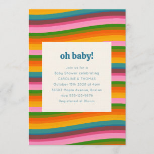 Färgglada Retro Vågiga Ränder Baby Shower-fest Inbjudningar