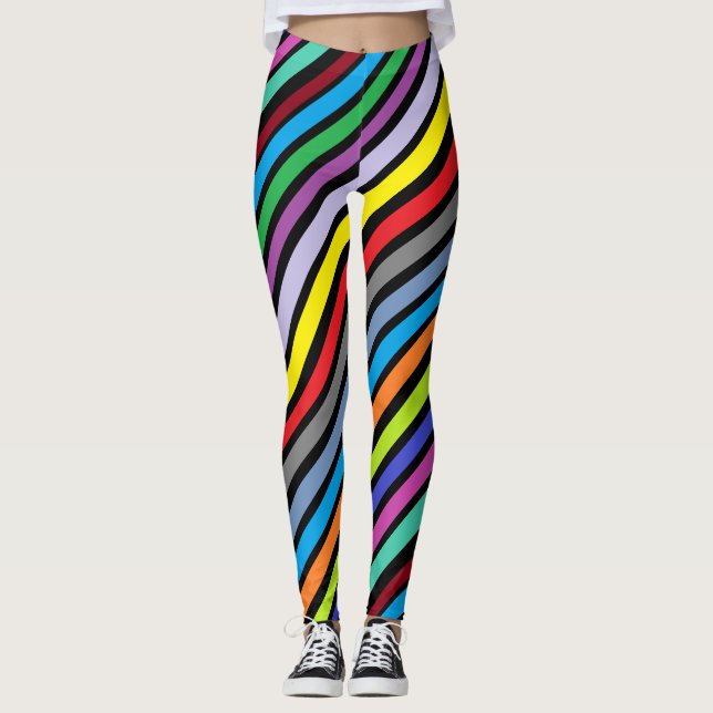 Färgglada röda lila limegröna abstrakta ränder leggings (Framsida)