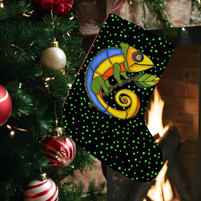 Färgglada Roliga Ödla Gren Prickar Liten Julstrumpa (Abstract bright colourful lizard holding stick with leaf on green dots on black Christmas Stocking.)
