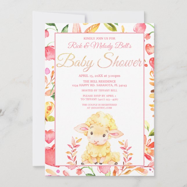 Färgglada rosa får / lamm flickas baby shower inbjudningar (Framsida)