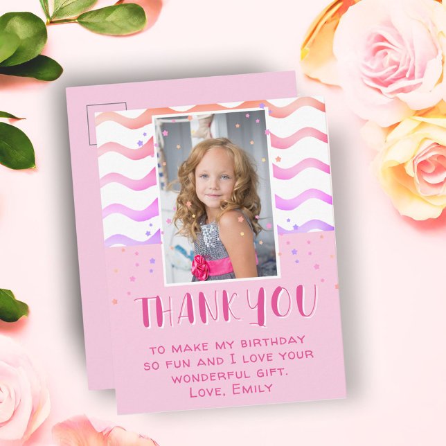 Färgglada Rosa Stjärnor Födelsedags Tack Tjej Foto Vykort (Skapare uppladdad)