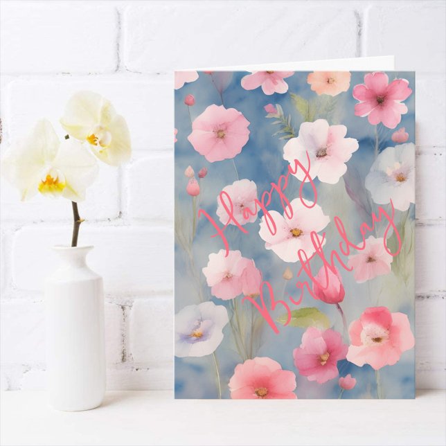 Färgglada rosa vårblommor på nyanser av blått kort (Skapare uppladdad)