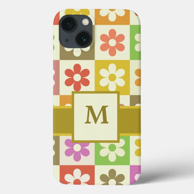 Färgglada Rutiga Retro Blommor Monogram  (Baksida)
