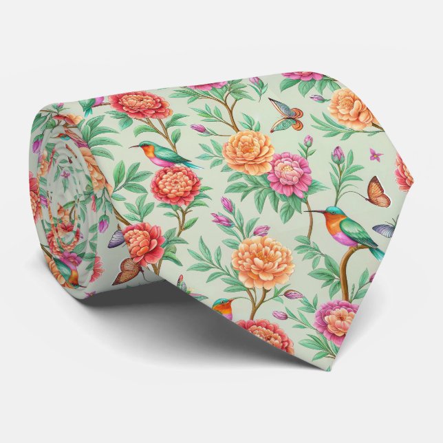 Färgglada sångfåglar Orange blommor Gröna blad Slips (Rullad)