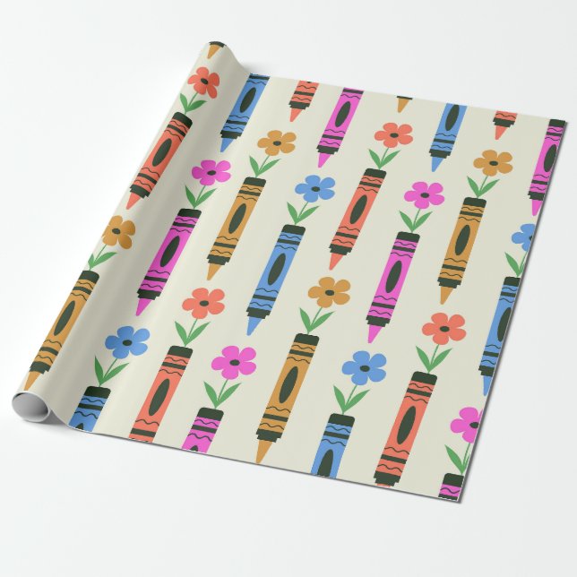 Färgglada skolkritor med retroblommor Mönster Presentpapper (Utrullad)