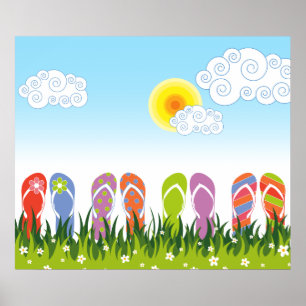 Färgglada sommarflipflops kul i soliga trädgården poster