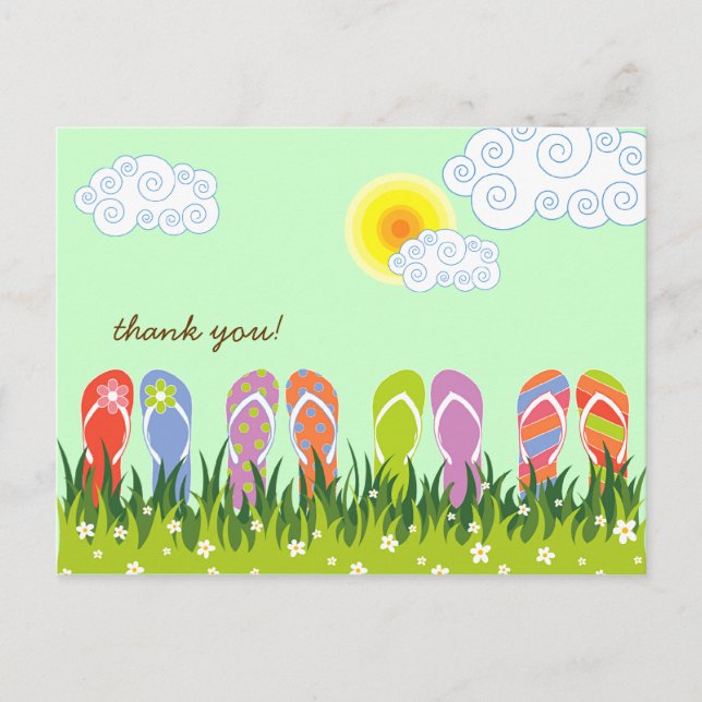 Färgglada sommarflipflops kul i soliga trädgården vykort (Framsida)