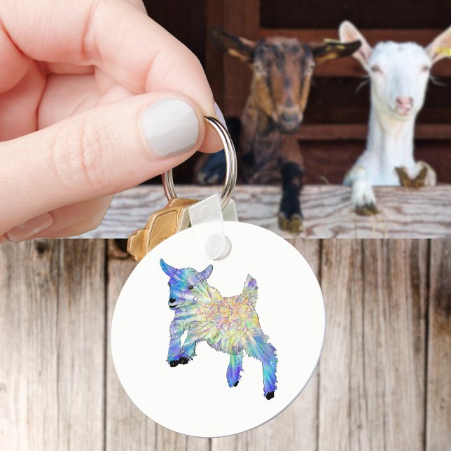 Färgglada söta barngetter hoppar funky djur konst nyckelring (Cute jumping goat farm animal art keyring watercolor baby goat)
