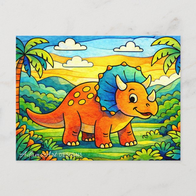 Färgglada söta dinosauriebarn helg vykort (Framsida)