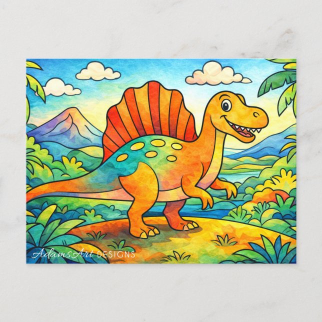 Färgglada söta dinosauriebarn helg vykort (Framsida)