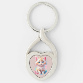 Färgglada söta Kawaii Kattunge Twisted Heart Silverfärgad Nyckelring