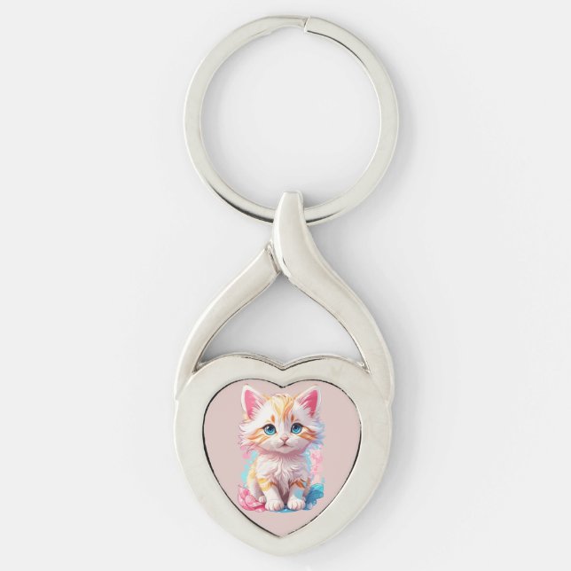 Färgglada söta Kawaii Kattunge Twisted Heart Silverfärgad Nyckelring (Framsidan)