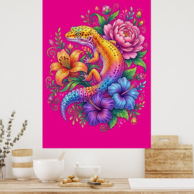 Färgglada söta leopardgecko blommor regnbåge poster (Kök)