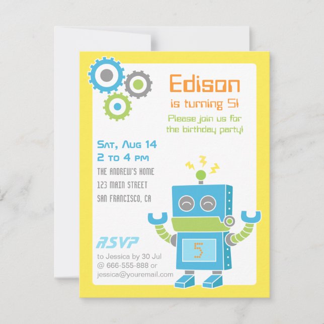 Färgglada söta robot födelsedagsfest inbjudningar (Framsida)