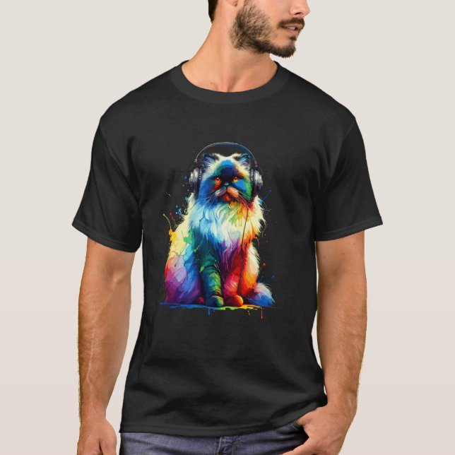 Färgglada Splash Art Hörlurar Himalayan Katt Persi T Shirt (Framsida)