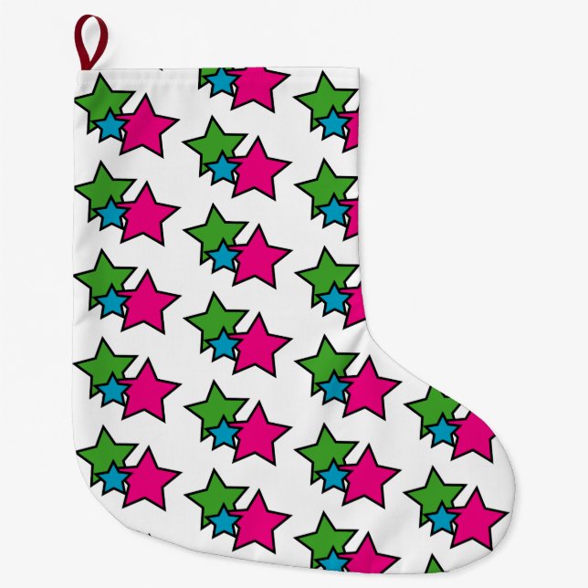 Färgglada stjärnor rosa grön blå jul stor julstrumpa (Framsidan)