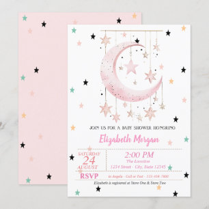 Färgglada stjärnor Rosa mån Baby Shower Inbjudningar