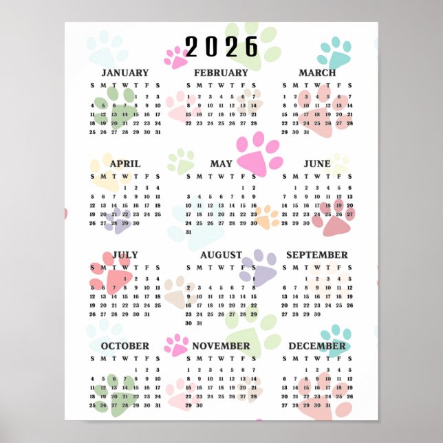 Färgglada tassavtryck 2026 Väggkalender Poster (Framsidan)