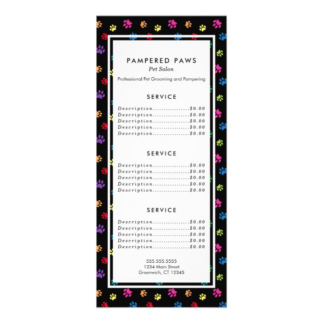 Färgglada tassavtryck husdjurssalongtjänst reklamkort (Framsidan)