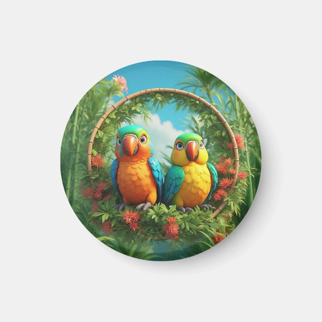 Färgglada Tecknade Papegojor Magnet (Framsidan)