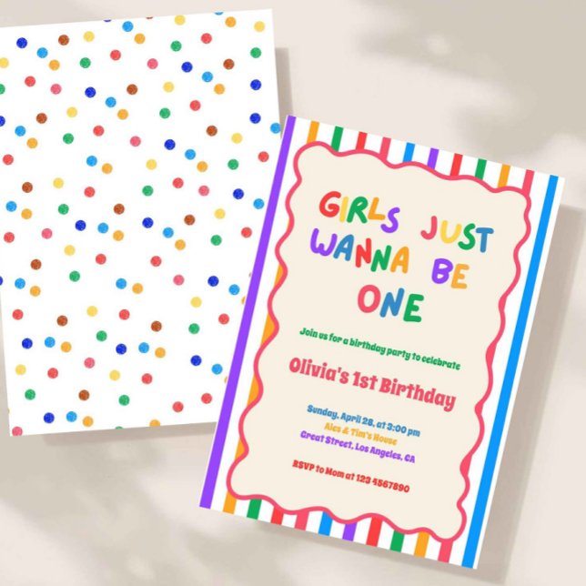 Färgglada tjejer vill bara vara en födelsedag inbjudningar (Girls Just Wanna Be One Birthday Invitation, Rainbow First Birthday Invite, Colorful 1st Birthday Pa)