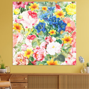 Färgglada trädgårdsblommor - Boho blomsterkudde Canvastryck