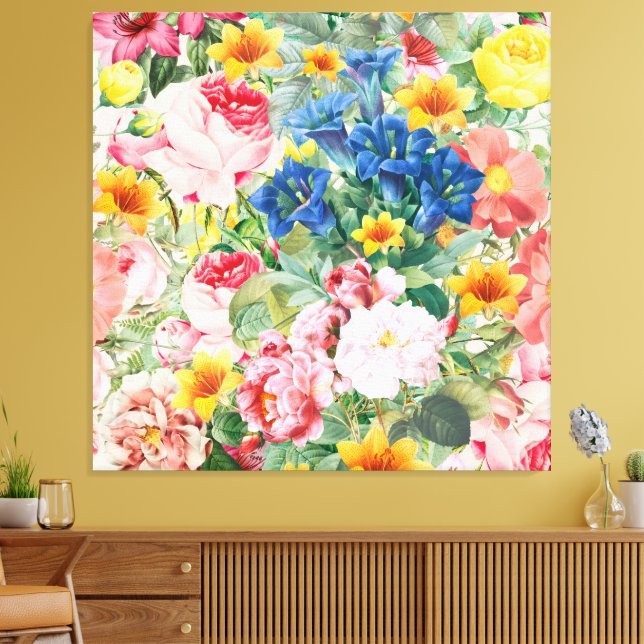 Färgglada trädgårdsblommor - Boho blomsterkudde Canvastryck (Insitu (Vardagsrum))