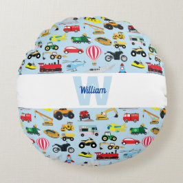 Färgglada transporter & fordon barnmönster rund kudde