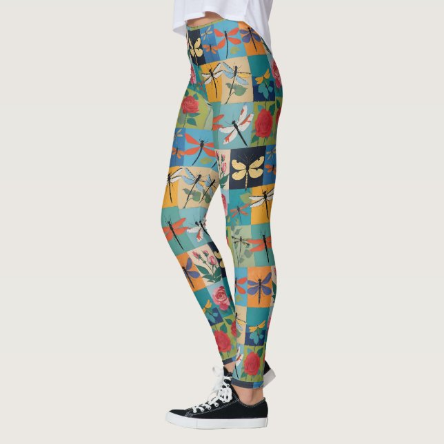 Färgglada Trollsländor Och Rosor Patchwork Leggings (Vänster)