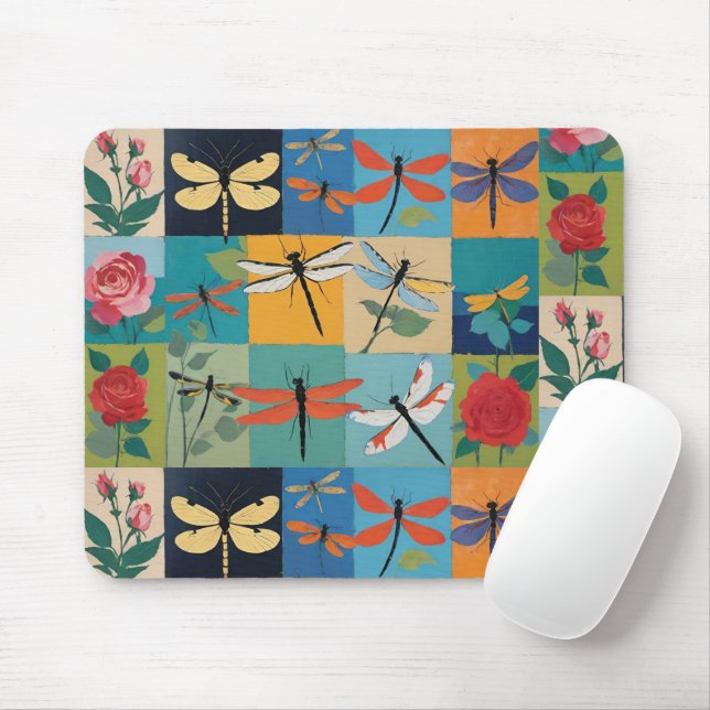 Färgglada Trollsländor Och Rosor Patchwork Musmatta (Med mus)