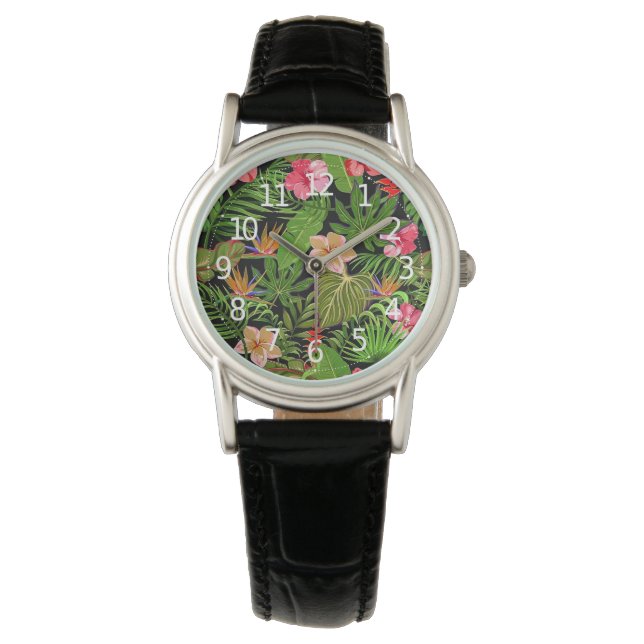 Färgglada tropiska blad och hibiskusblommor | armbandsur (Framsida)