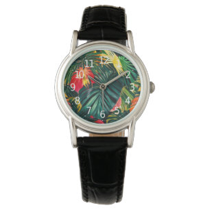 Färgglada tropiska blad och hibiskusblommor armbandsur