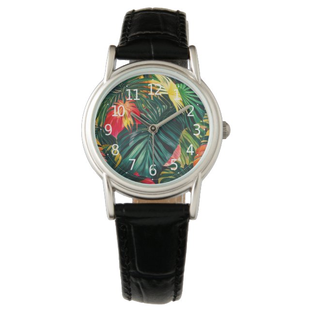 Färgglada tropiska blad och hibiskusblommor | armbandsur (Framsida)
