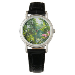 Färgglada tropiska blad och hibiskusblommor armbandsur