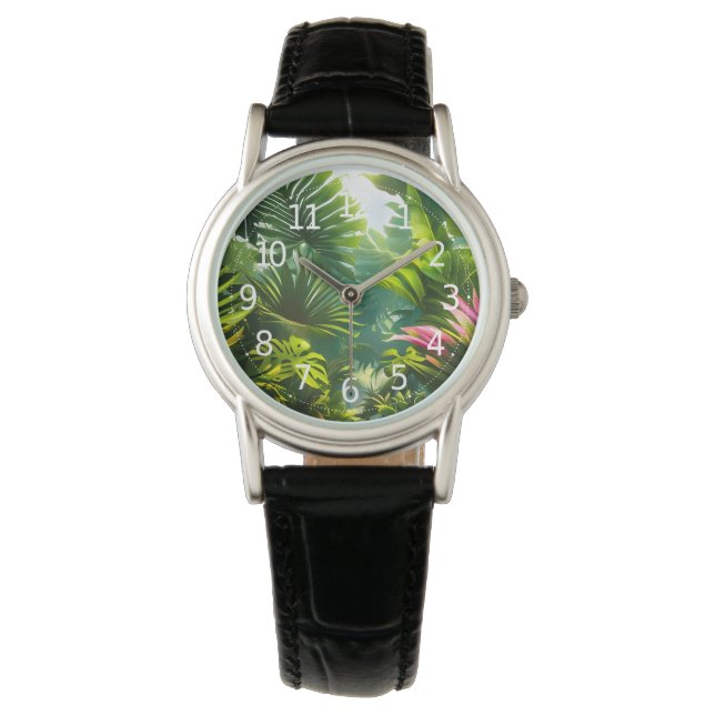 Färgglada tropiska blad och hibiskusblommor | armbandsur (Framsida)