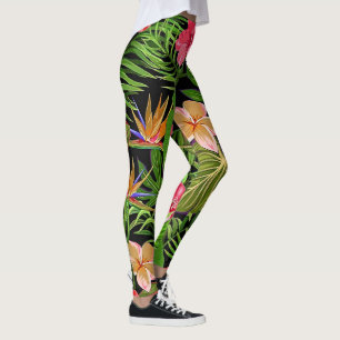 Färgglada tropiska blad och hibiskusblommor leggings