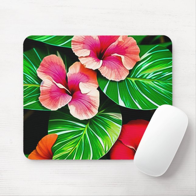 Färgglada tropiska blad och hibiskusblommor | musmatta (Med mus)