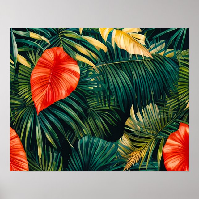 Färgglada tropiska blad och hibiskusblommor | poster (Framsidan)